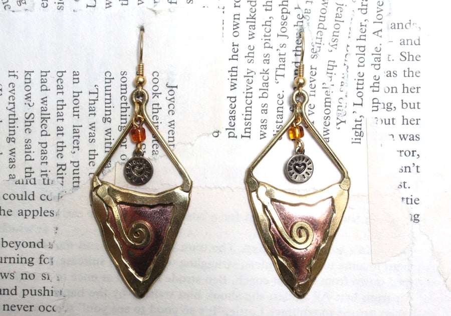Copper and Gold Tone Triangle Swirl Heart Earrings