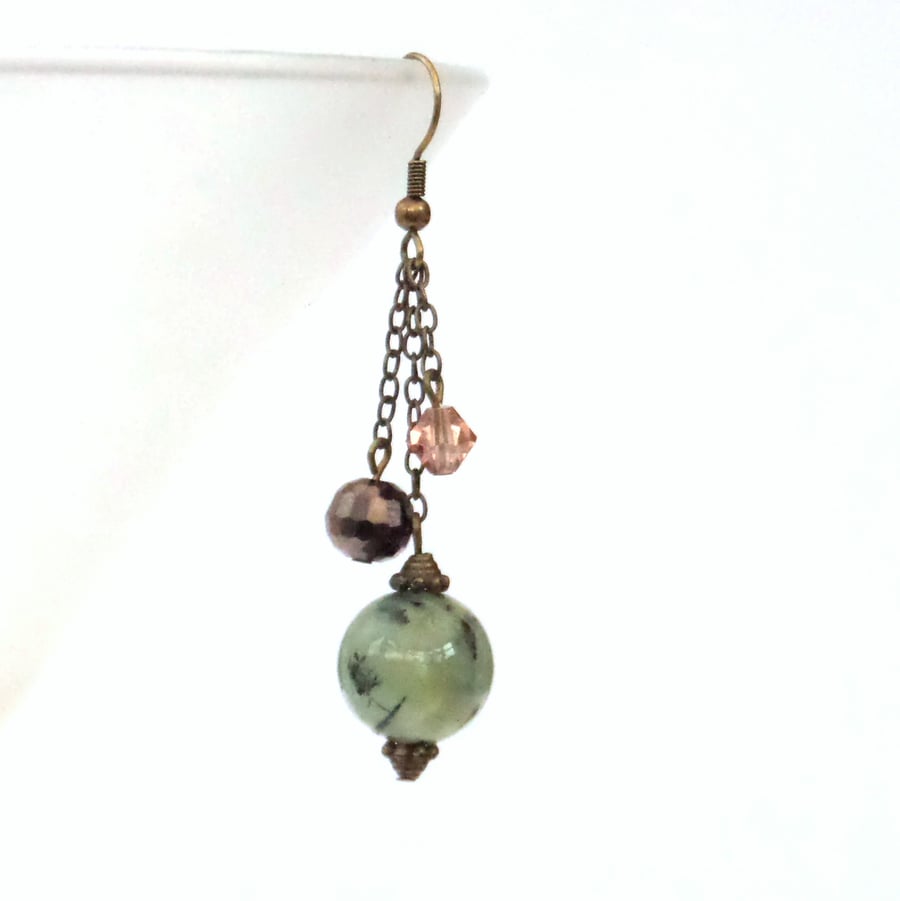  Tumble of gemstones - Prehnite and crystal vintage style earrings