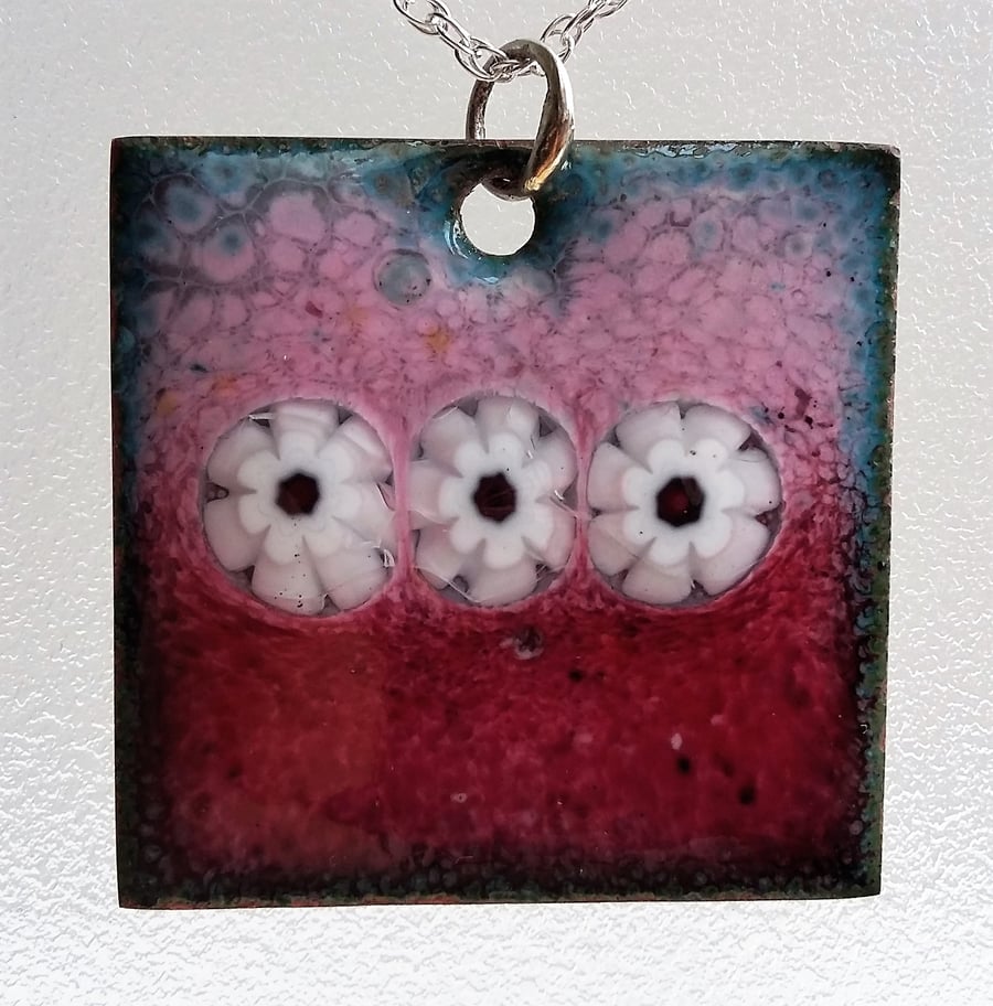 Large square copper enamelled millefiori pendant 078