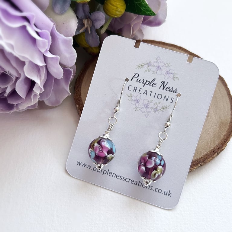 Floral Glass Lampwork Beaded Silver Plated Earrings