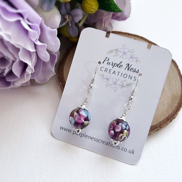 Floral Glass Lampwork Beaded Silver Plated Earrings