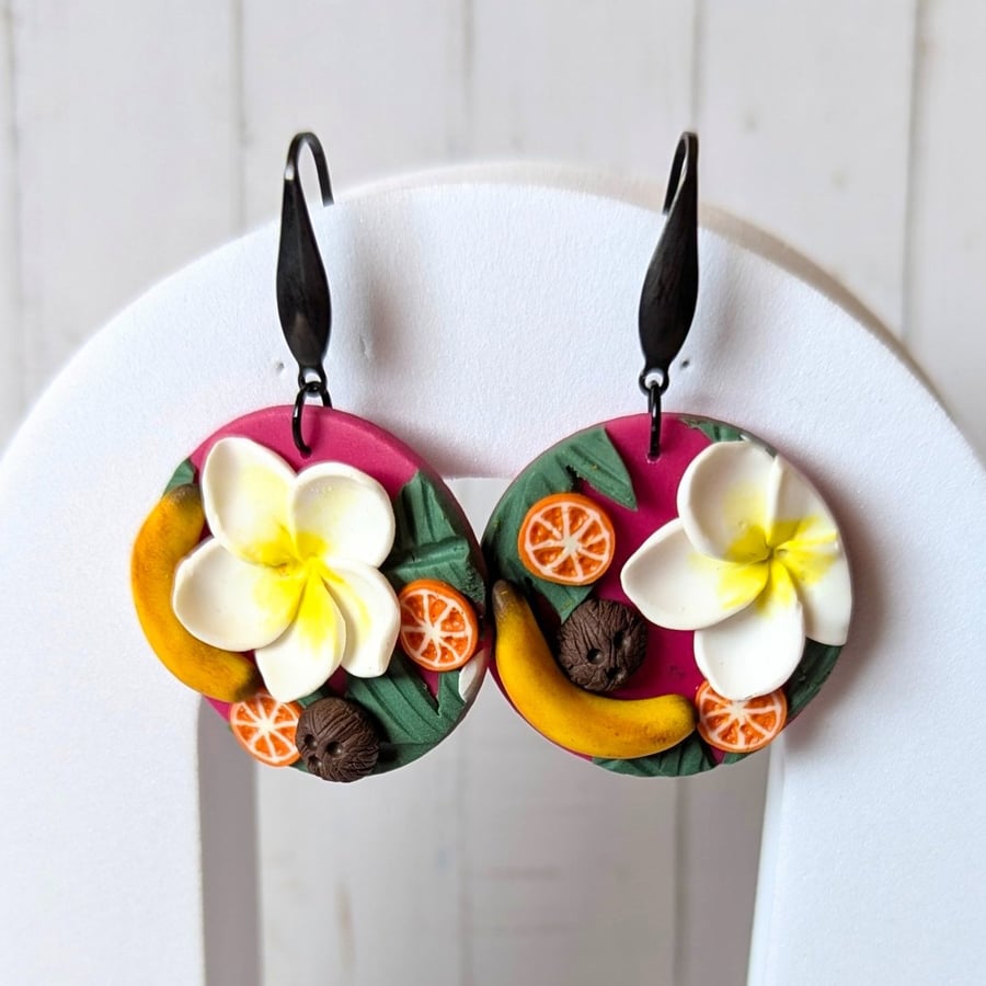 Tropical frangipani dangle earrings.