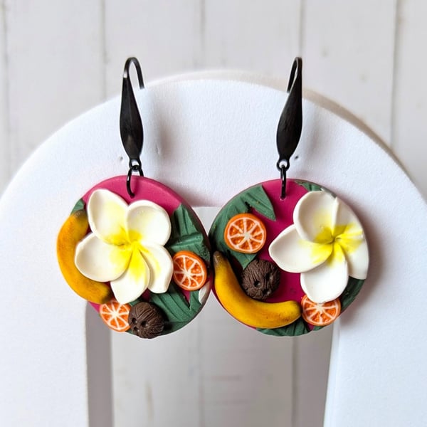 Tropical frangipani dangle earrings.