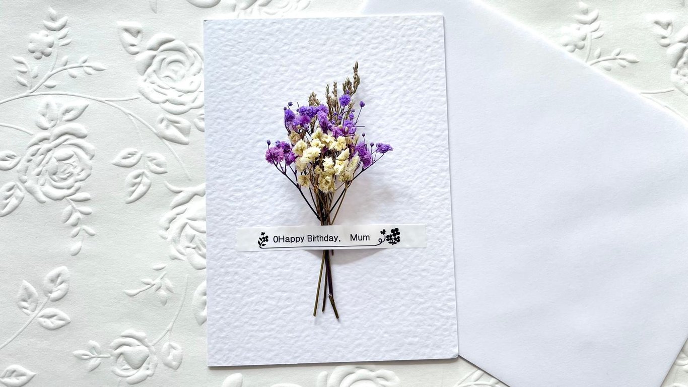 Luxury Handmade personalised Birthday Card, Dried Flower Birthday Card