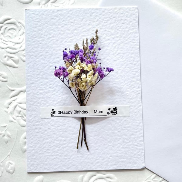 Luxury Handmade personalised Birthday Card, Dried Flower Birthday Card
