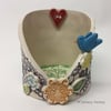pottery bird woodland scene candle holder ceramic dish trinket pot