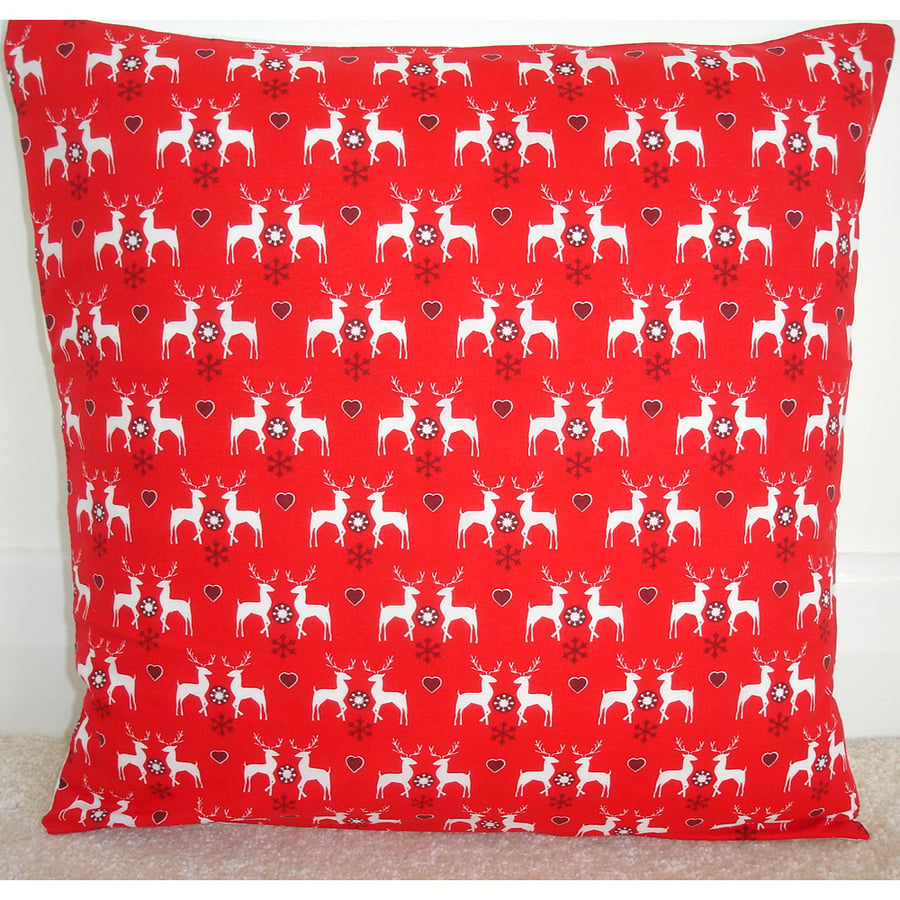 Christmas Reindeer and Hearts Cushion Cover Red
