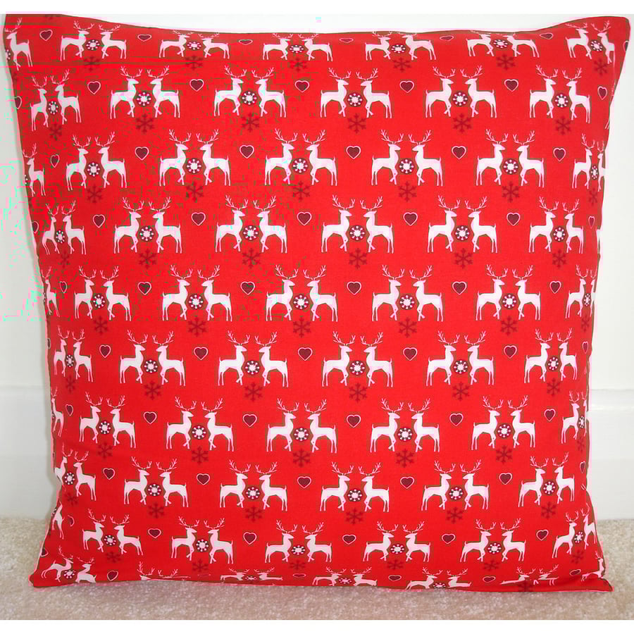 Christmas Reindeer and Hearts Cushion Cover Red
