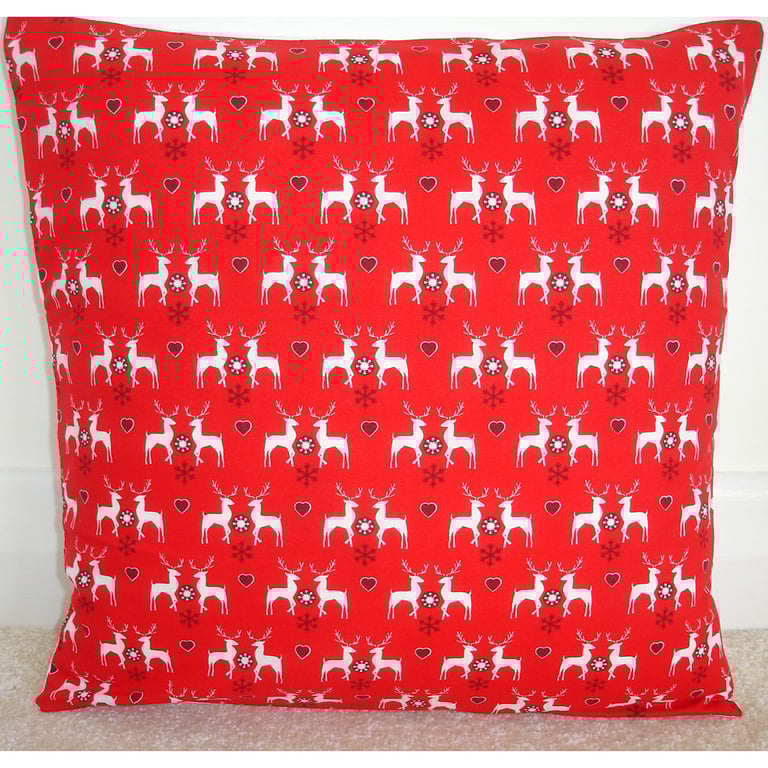 Christmas Reindeer and Hearts Cushion Cover Red