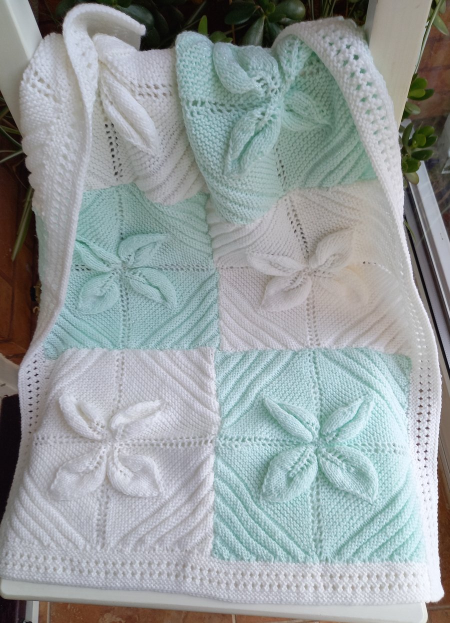 Hand Knitted vintage style baby pram buggy car seat blanket 