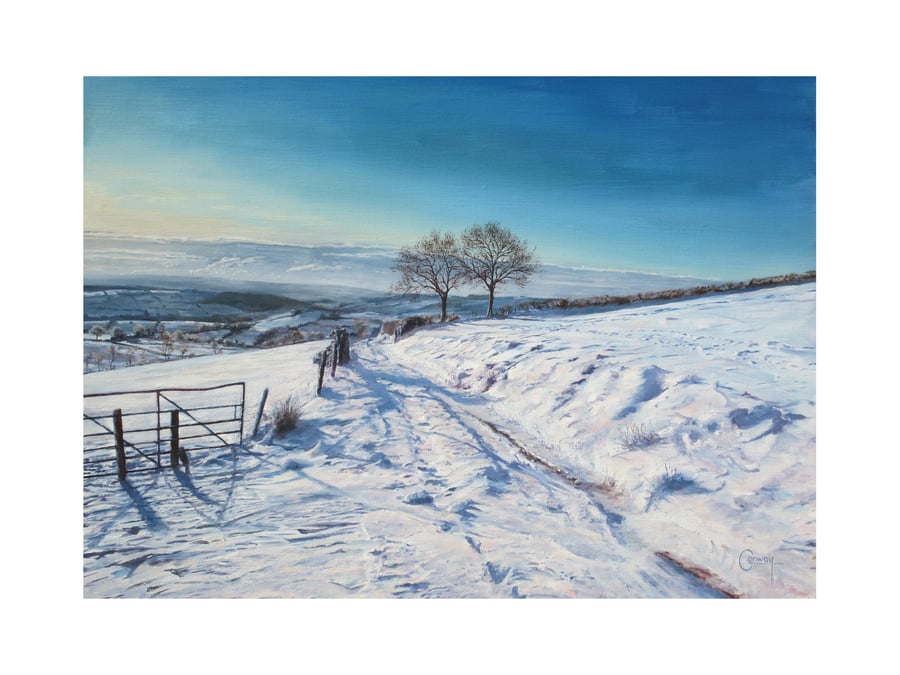 Snowy Welsh Winter Landscape Art Card-Christmas Seasonal 7x5 Card Blank Inside