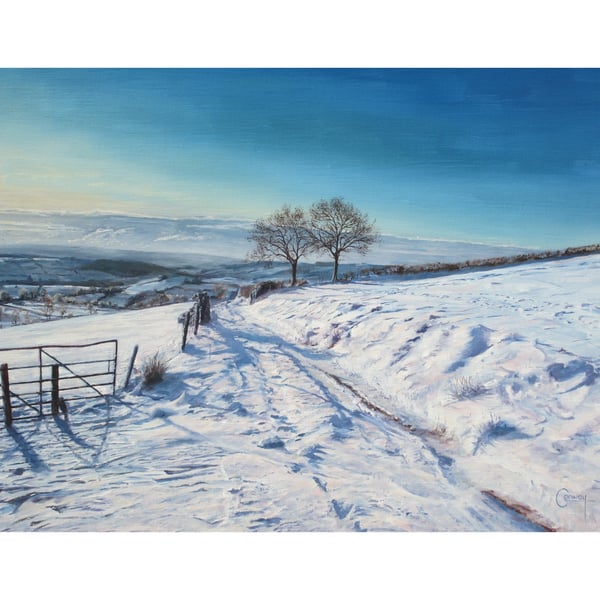 Snowy Welsh Winter Landscape Art Card-Christmas Seasonal 7x5 Card Blank Inside
