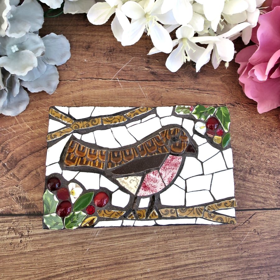 Mosaic Robin, Handmade Wall Art with Vintage China and Gold Detail