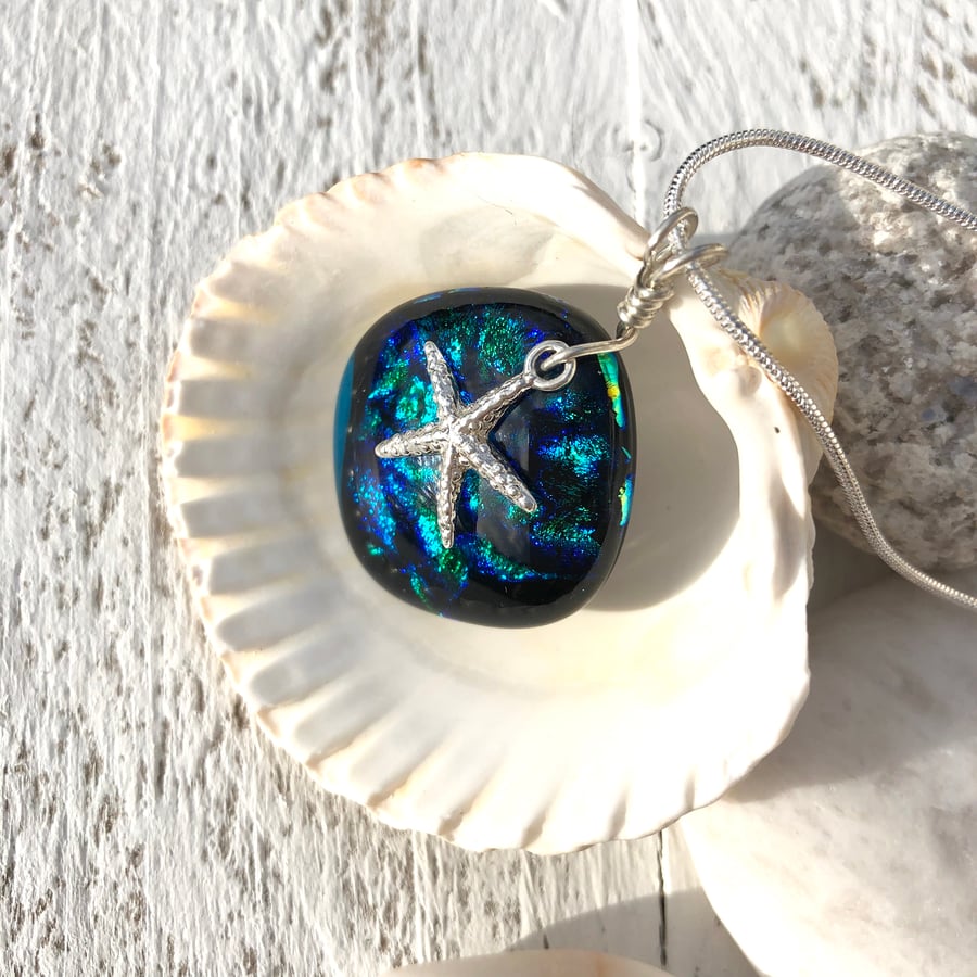 Silver & Dichroic Glass Necklace with Starfish Charm