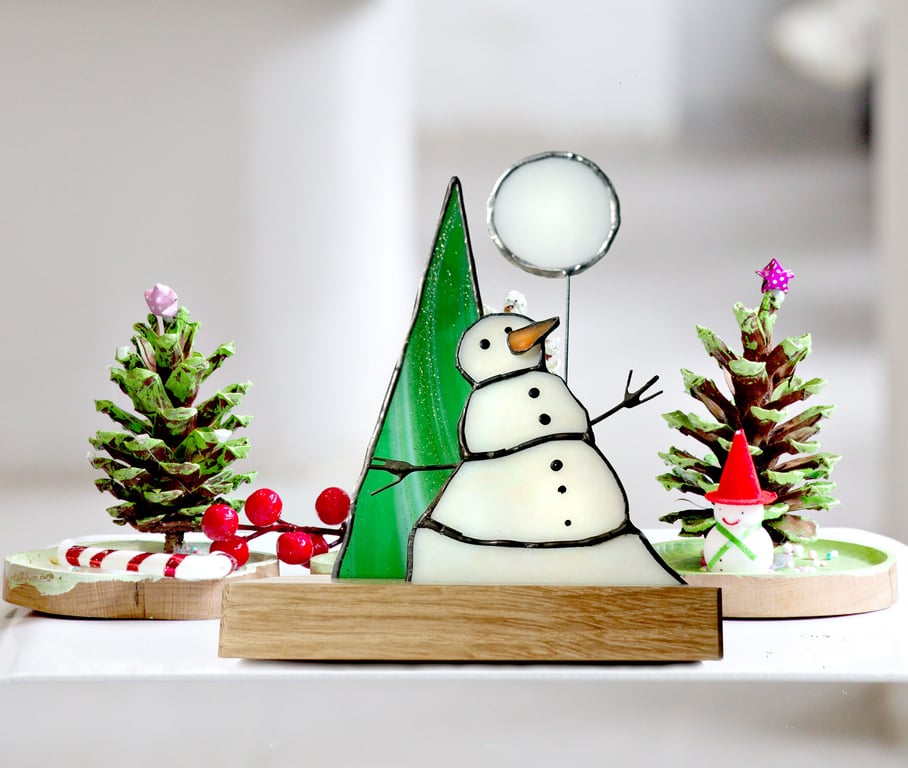 Stained Glass Diorama Snowman, Tree and Full Moon.  Ornament Suncatcher