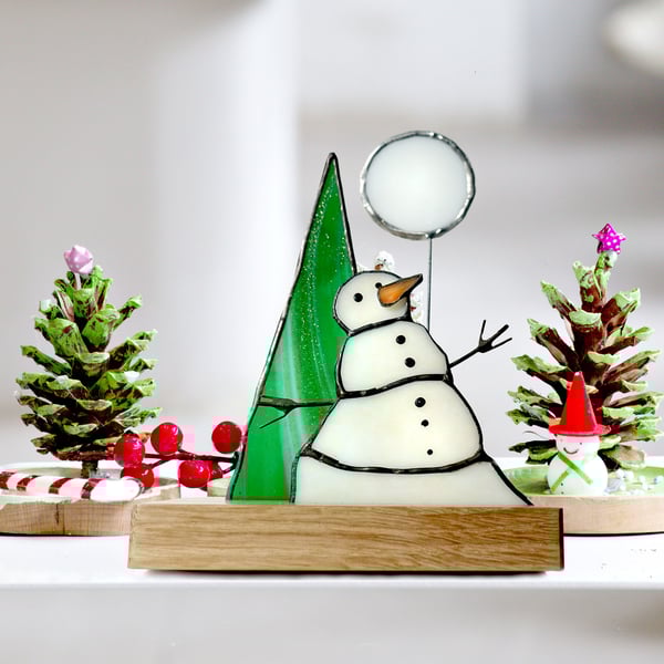Stained Glass Diorama Snowman, Tree and Full Moon.  Ornament Suncatcher