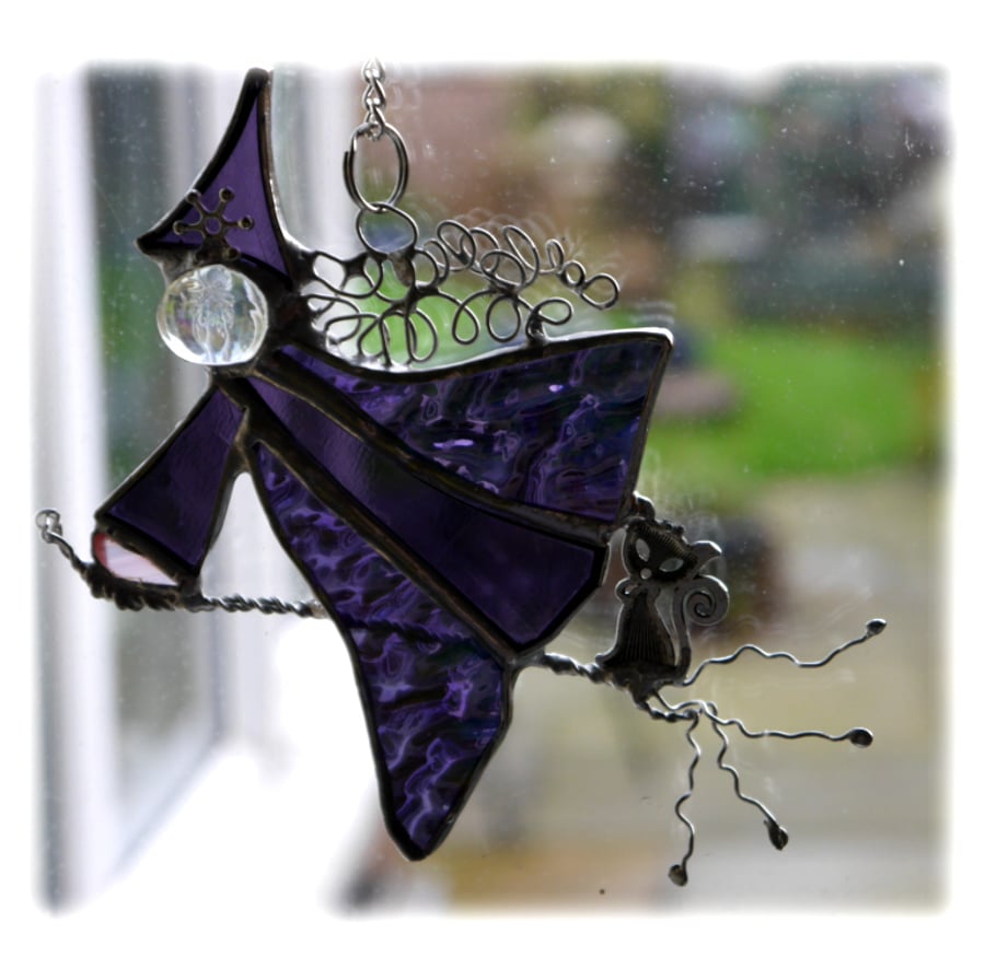  Witch on Broomstick Suncatcher Stained Glass 020 Cat Handmade