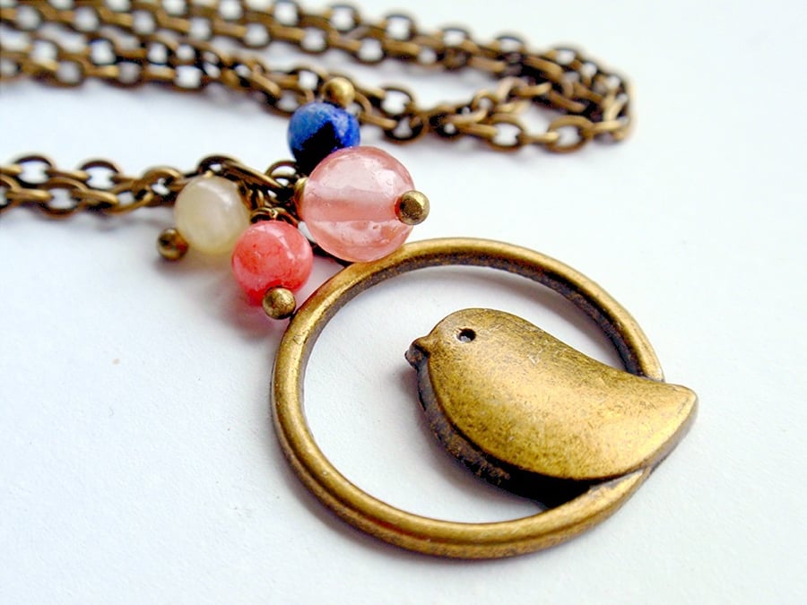 Bronze Bird necklace with coloured gemstones 