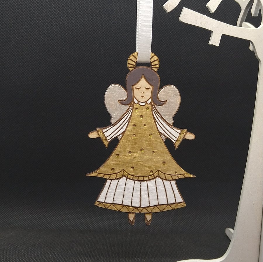 Golden Angel, laser-etched & Laser-cut in wood, hand painted