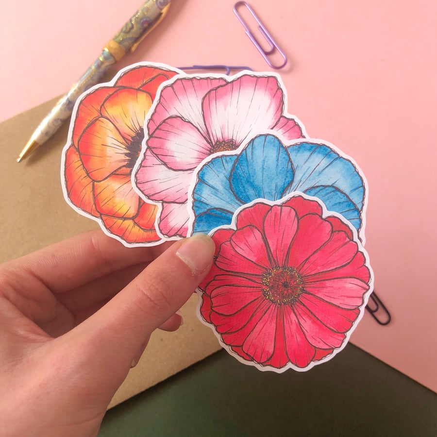 Summer Flowers Sticker Set Zinnia, Cosmo, Poppy & Anemone Botanical Sticker Hand