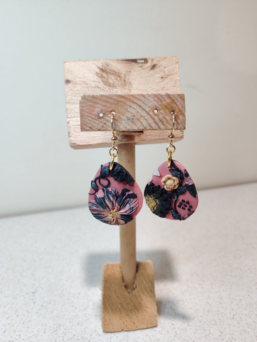 Pink and black flower slab pebble polymer clay earrings 