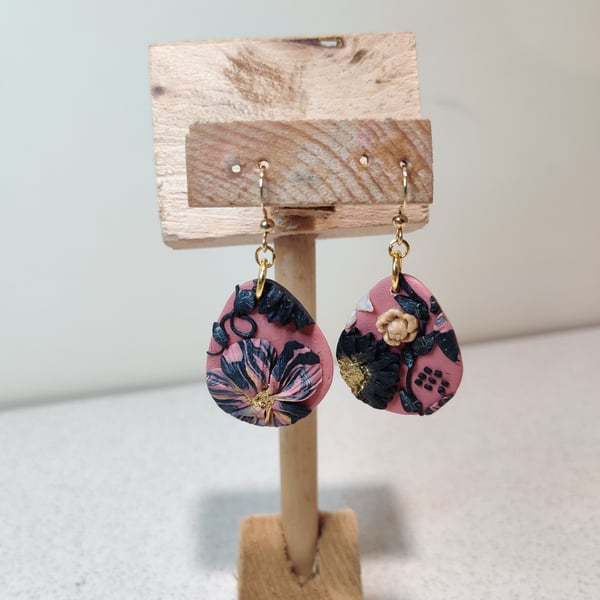 Pink and black flower slab pebble polymer clay earrings 