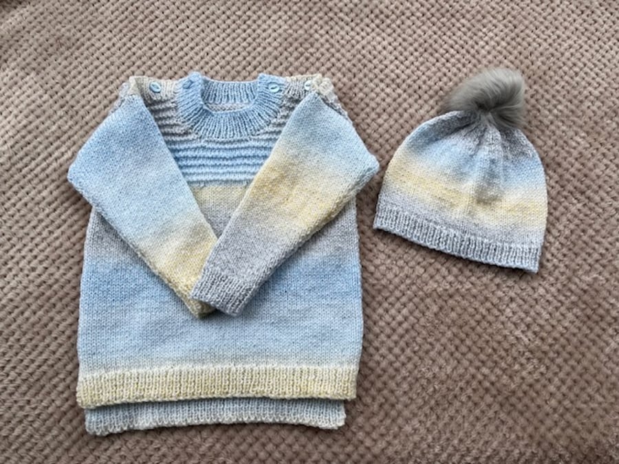 Hand knitted Sweater and Hat Set in Blue, Lemon and Grey, fits age 18-24 months