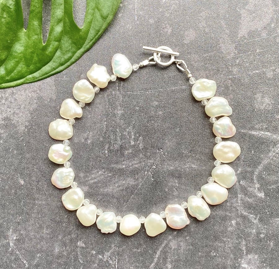 Keshi Pearl & White Topaz Silver Bracelet