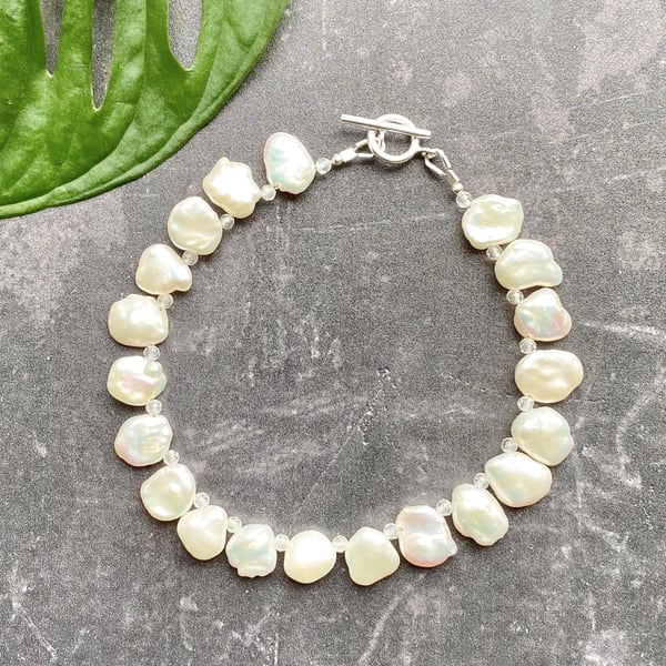 Keshi Pearl & White Topaz Silver Bracelet