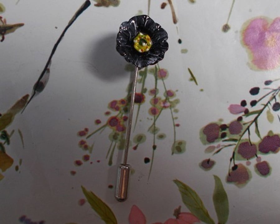 TINY BLACK POPPY PIN Floral Wedding Corsage Lapel Flower Pin Brooch HAND PAINTED