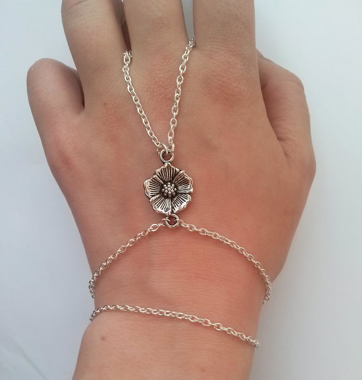 Poppy Flower Hand Chain Silver Plate Bracelet