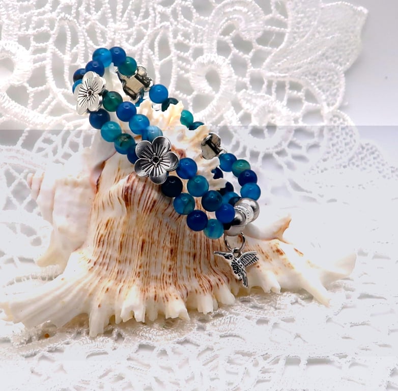 Agate and Silver Flower Stretch Bracelet with a Hummingbird Charm .  Free UK P&P