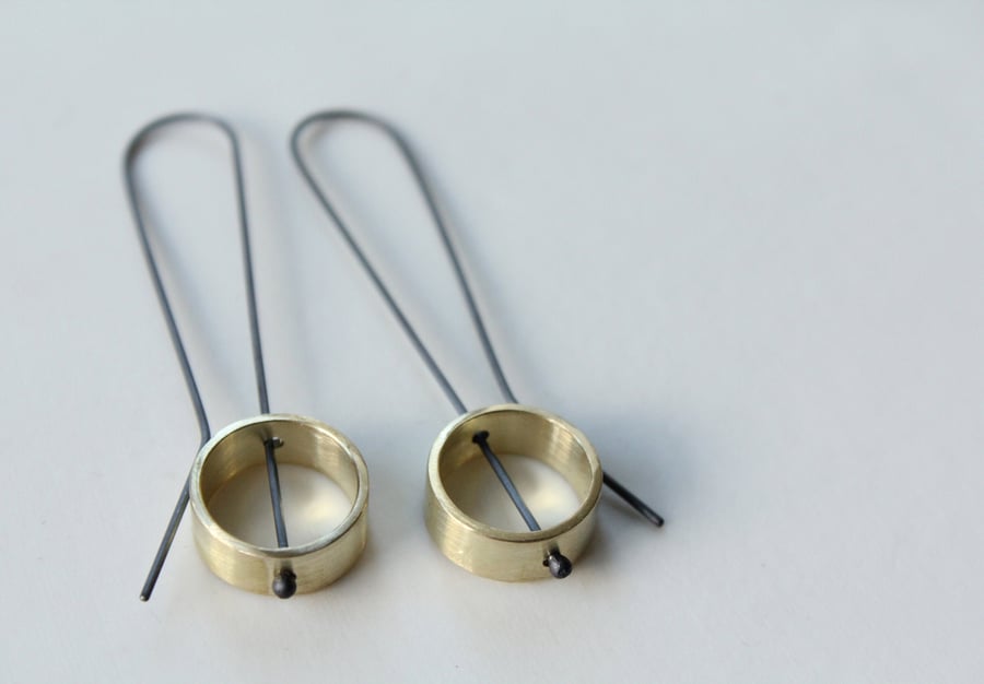 Circle earrings, Spinner earrings, Silver and brass jewellery, Minimal jewellery