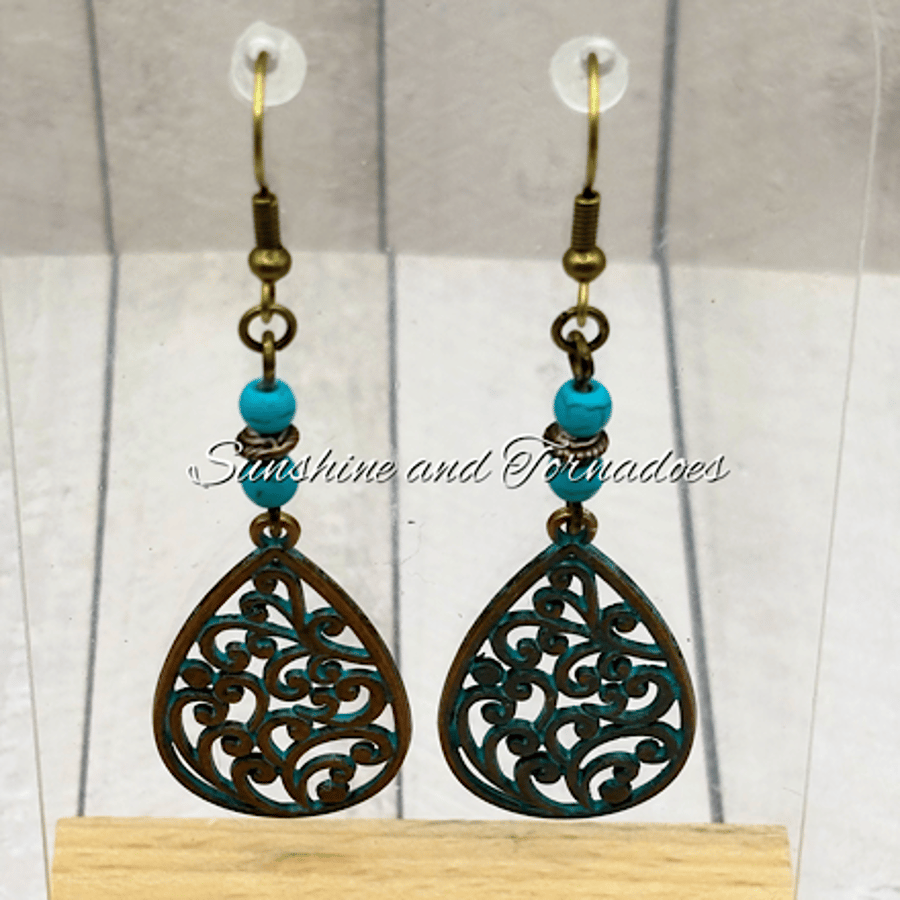 Handmade Turquoise Bead Filigree Earrings - Boho Teardrop Earrings - Vintage
