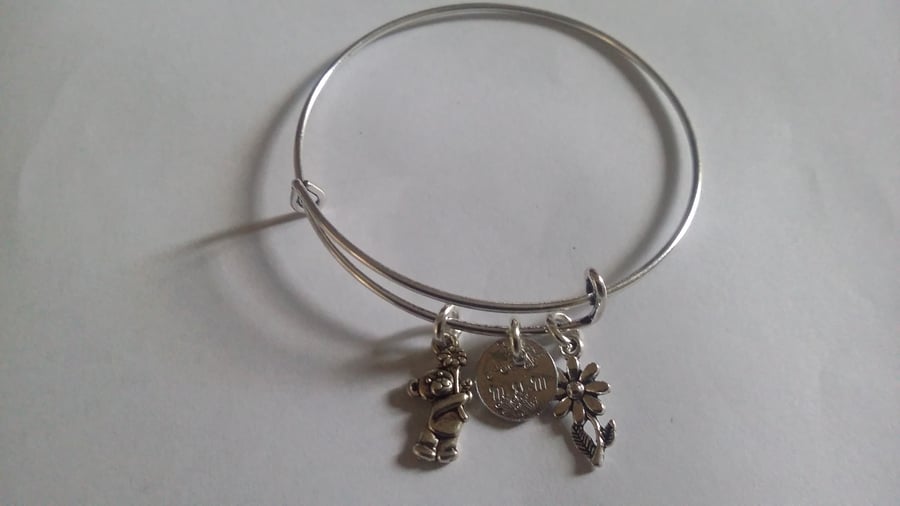 Hand stamped mum adjustable bangle with charms on sale
