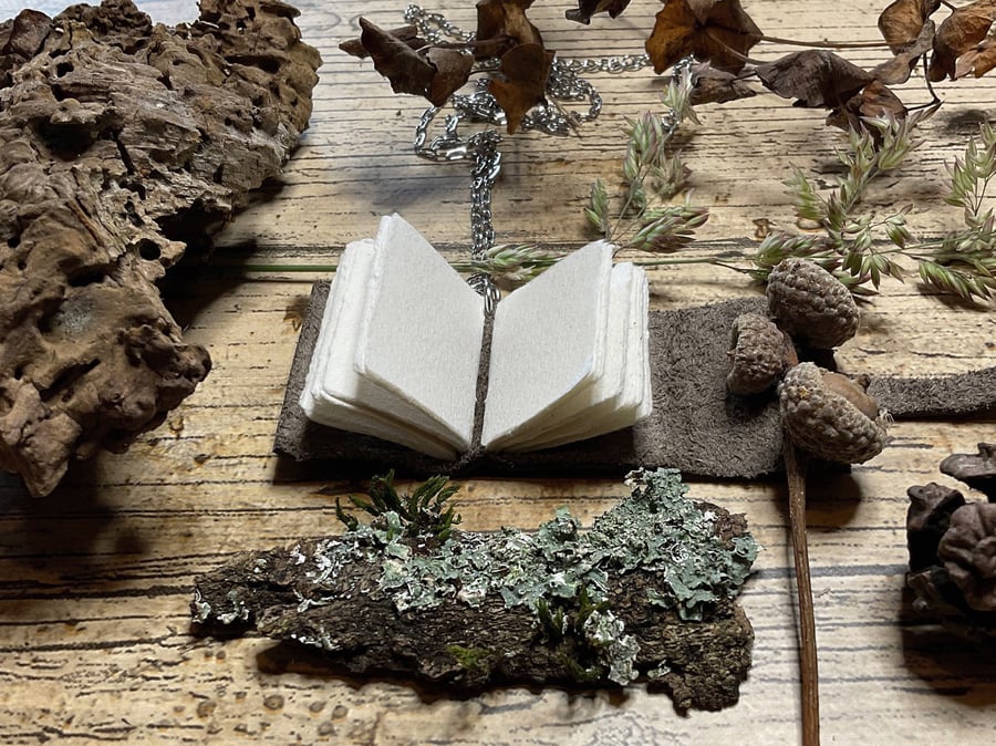 Miniature Book Necklace, Leather and Cotton Rag Sketchbook Pendant, Tiny Journal