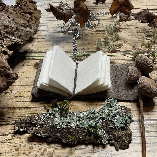 Miniature Book Necklace, Leather and Cotton Rag Sketchbook Pendant, Tiny Journal