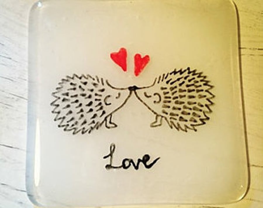 Fused Glass Hedgehog Love Coaster, Valentines day, Anniversary,
