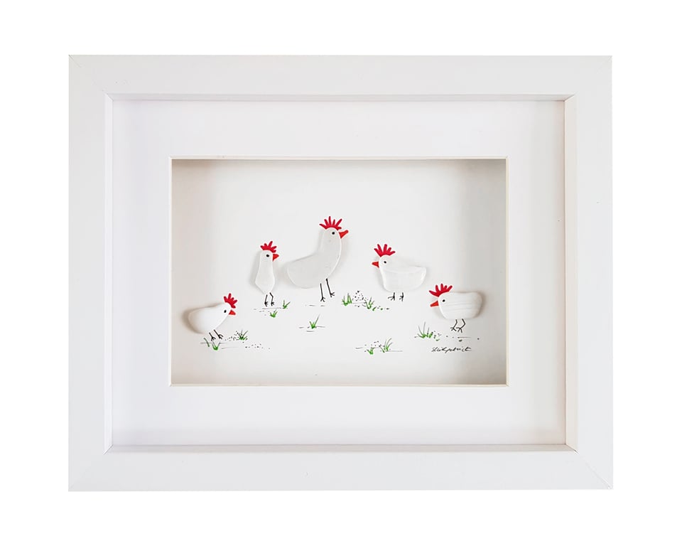 White Chickens - Pebble Picture - Framed Unique Handmade Art
