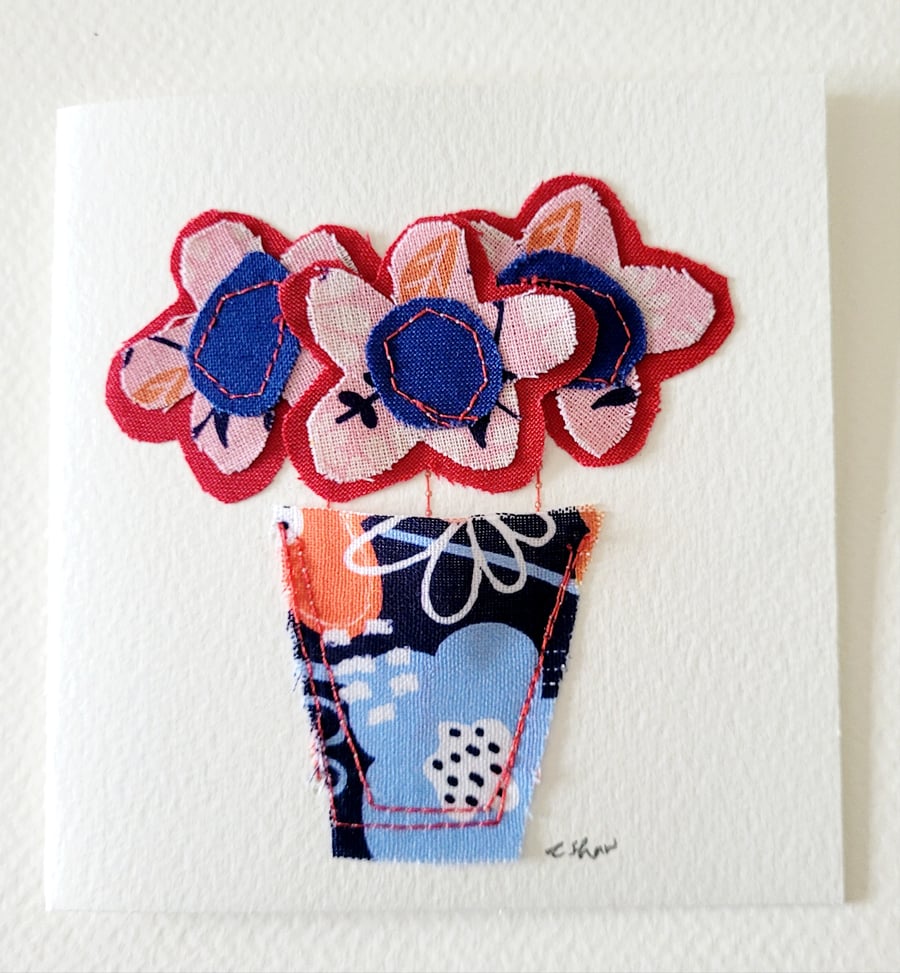 Handmade 'Layered Flowers' Blank Fabric Greeting Card 