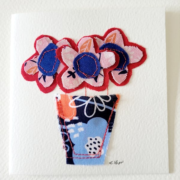 Handmade 'Layered Flowers' Blank Fabric Greeting Card 