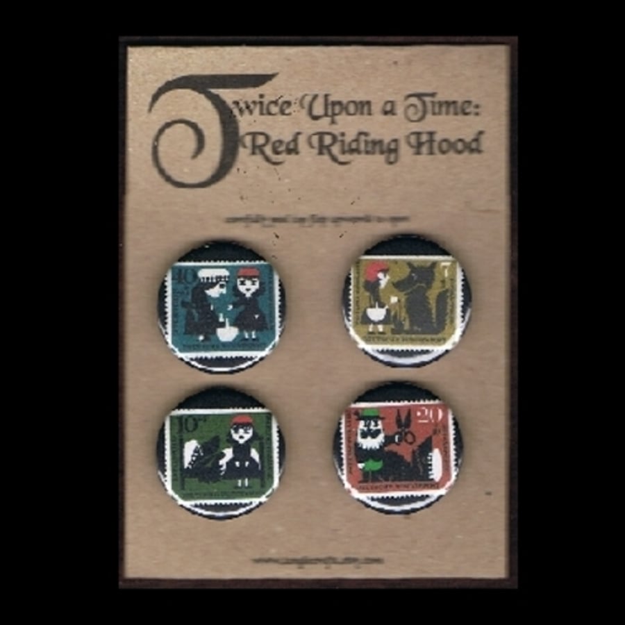 TWICE UPON A TIME Red Riding Hood postage stamps - badges, bookmark, stories, all in one!