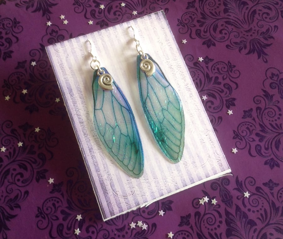 Deep Blue Ammonite Shimmering Large Fairy Wing Sterling Silver Earrings
