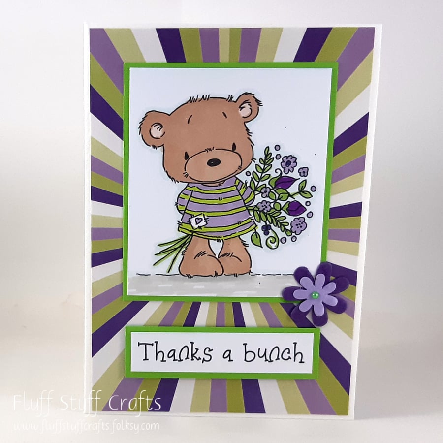 Handmade thank you card - thanks a bunch bear with flowers