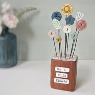 Clay Flower and Button Garden in a Wood Block 'Be a Wild Flower'