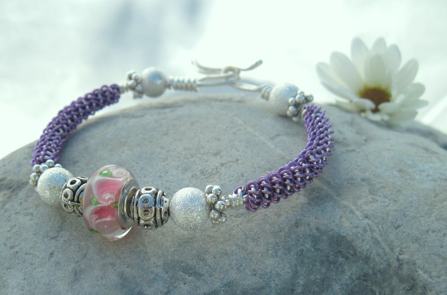 Violet Rose and Silver wire Bangle