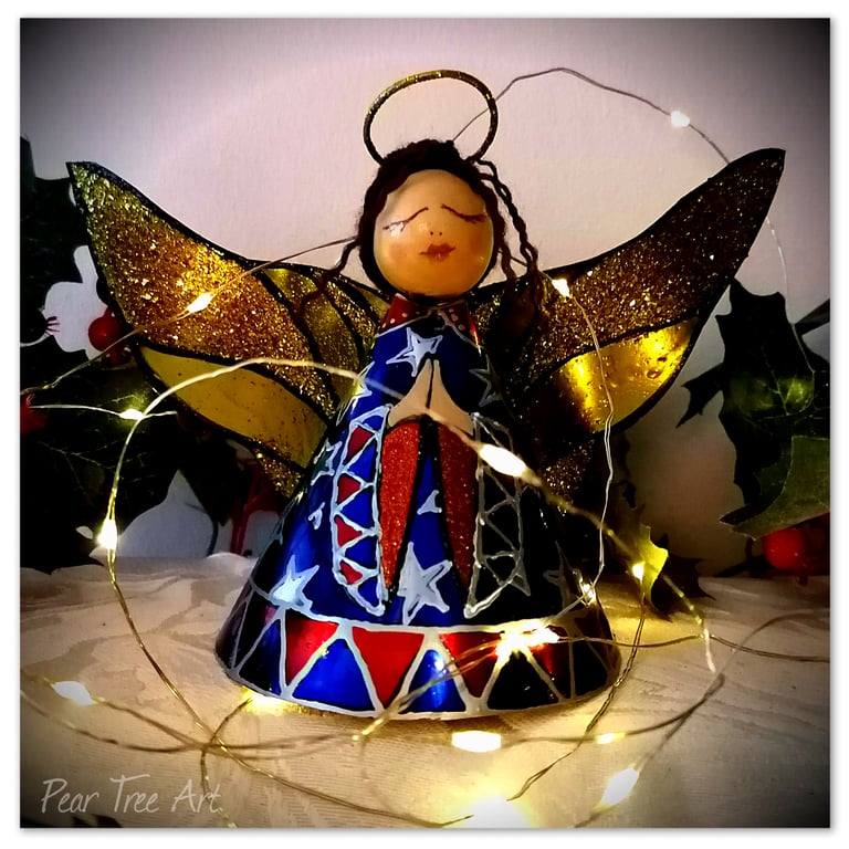 Large: Blue Tin Angel Christmas tree topper