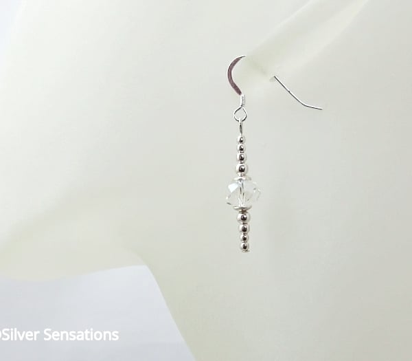 Faceted Clear Crystal Quartz Rondelle & Sterling Silver Beaded Earrings