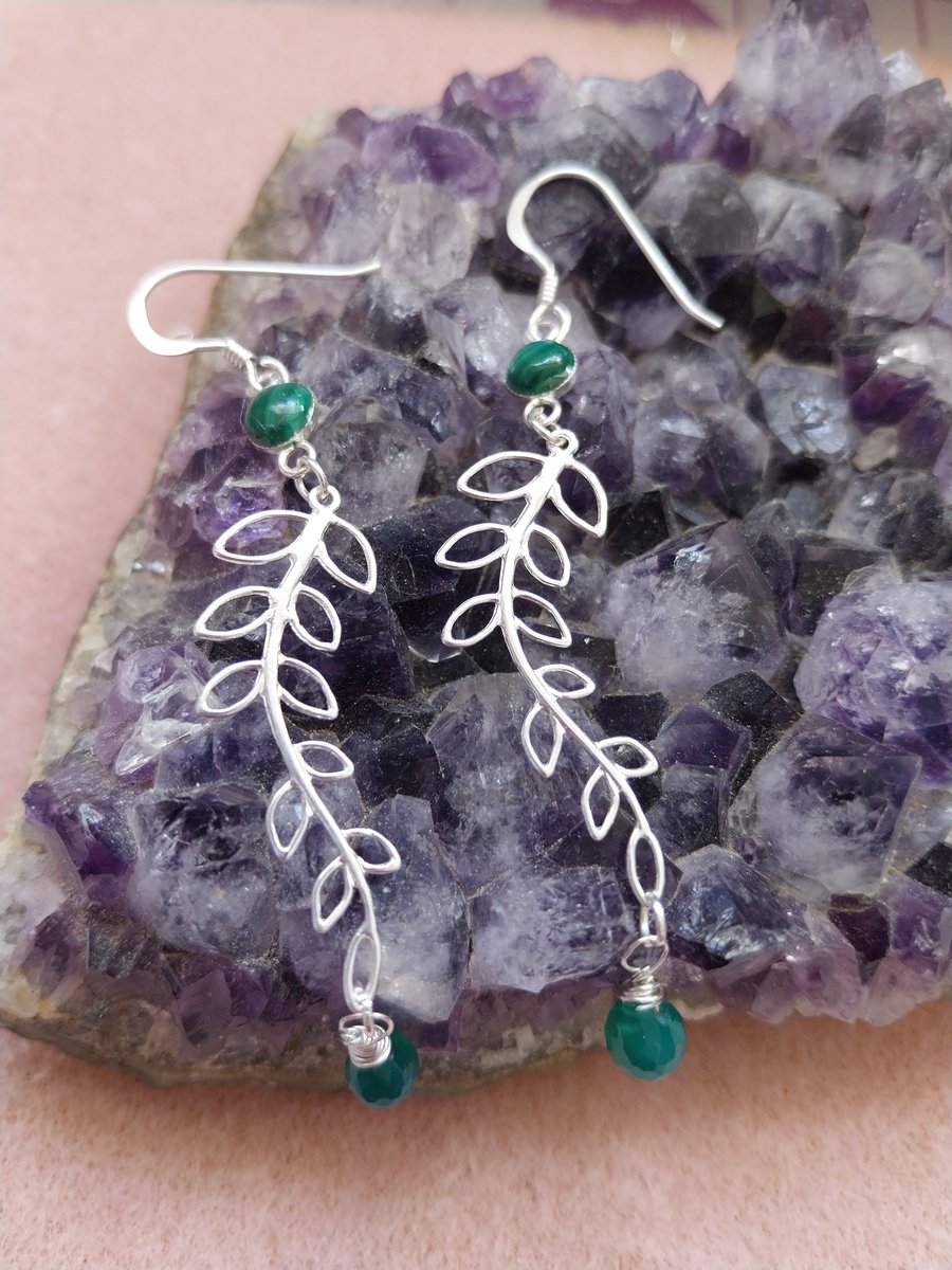 Green Onyx, Malachite and Sterling Silver Earrings 