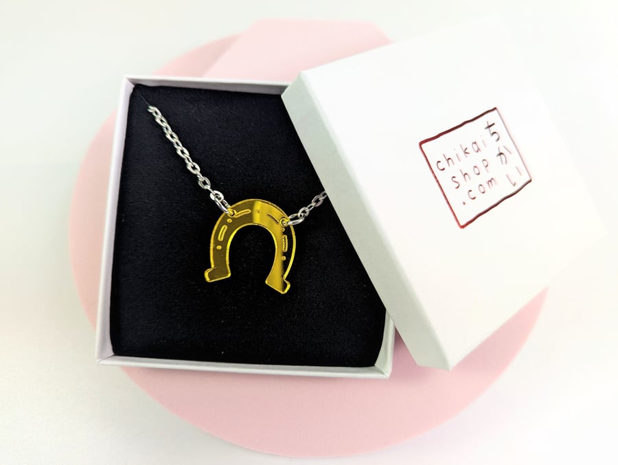 Horseshoe necklace on mirror gold acrylic and silver plated chain horse lover